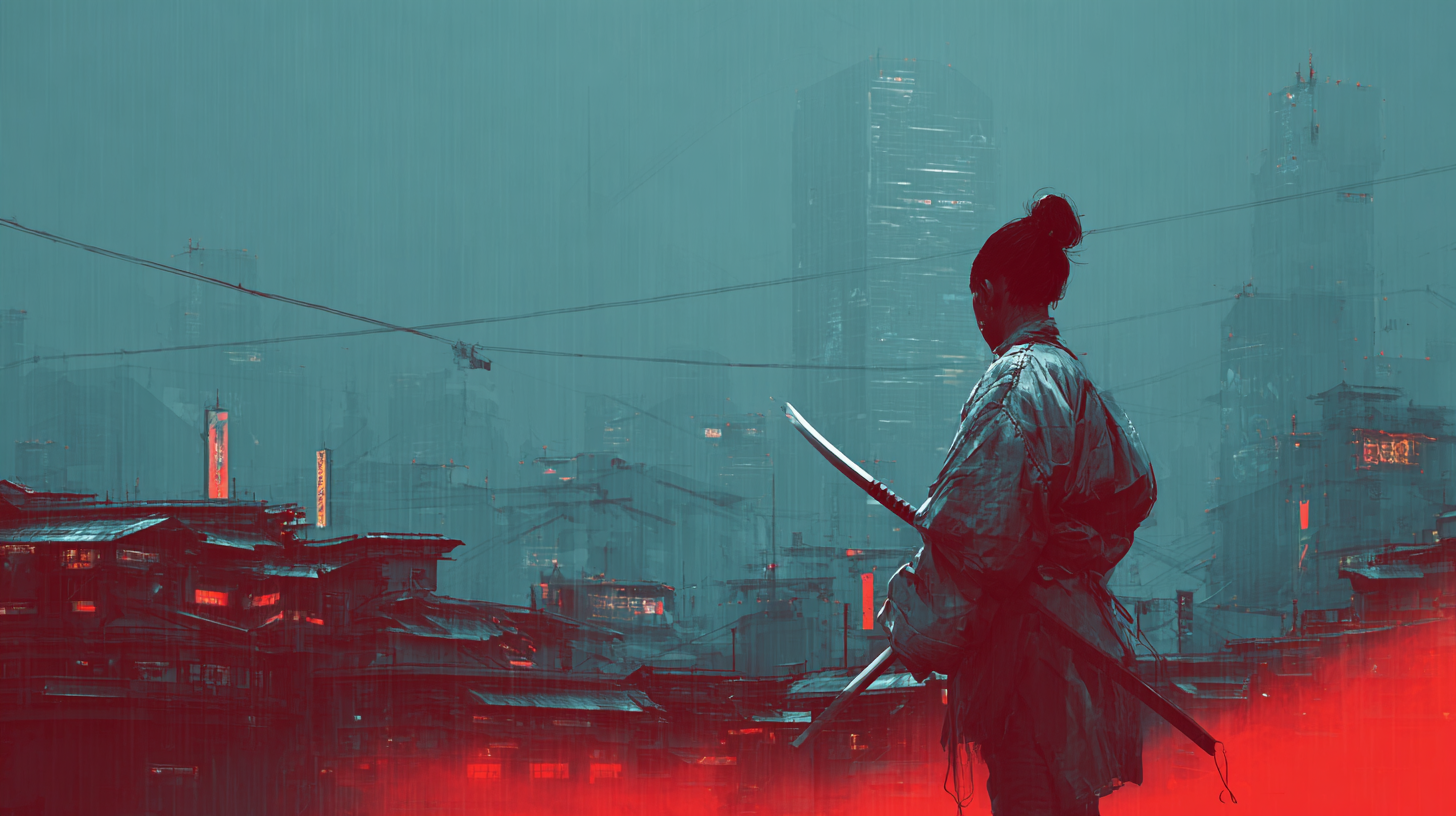 Akai Zero — ronin overlooking neo-Kyoto